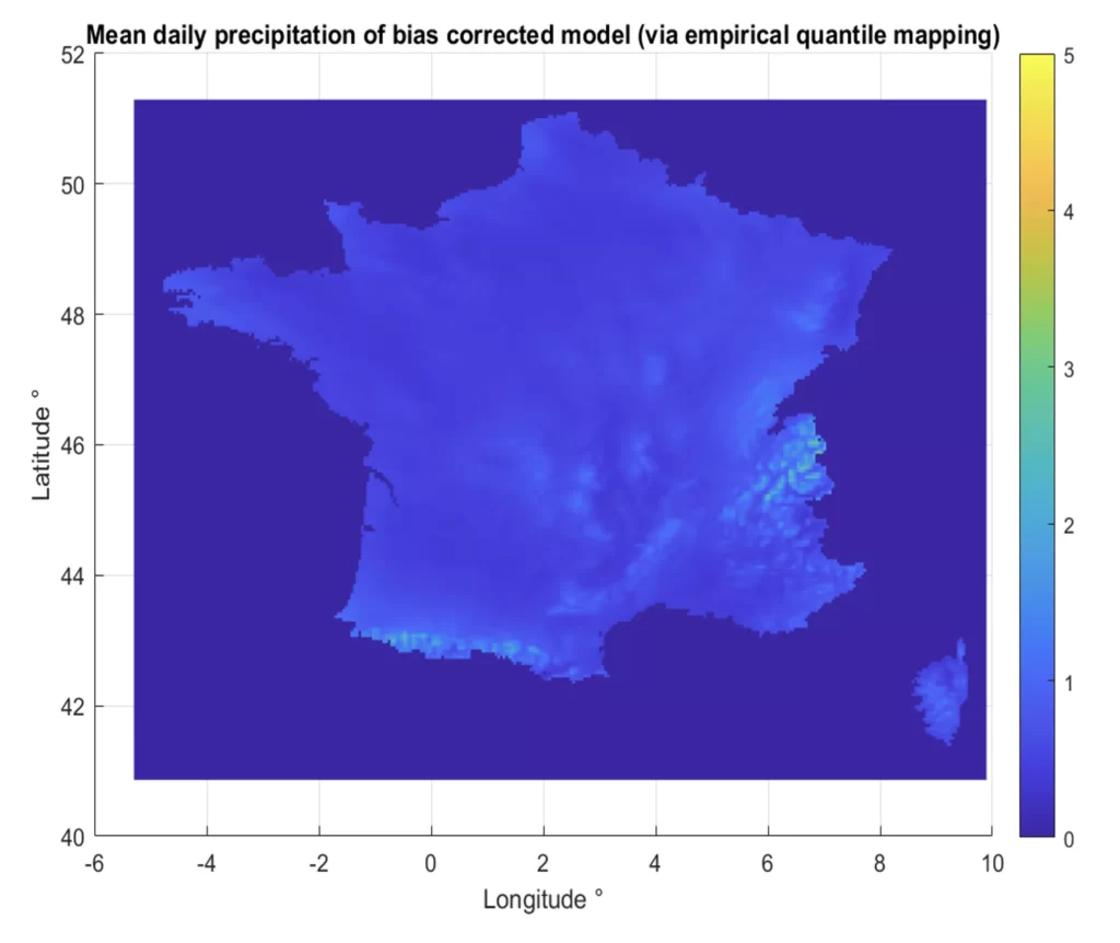 Figure 3. Précipitation moyenne journalière simulée par le modèle climatique sur la France pour la période historique de référence dont les biais ont été corrigés par la méthode quantile mapping.