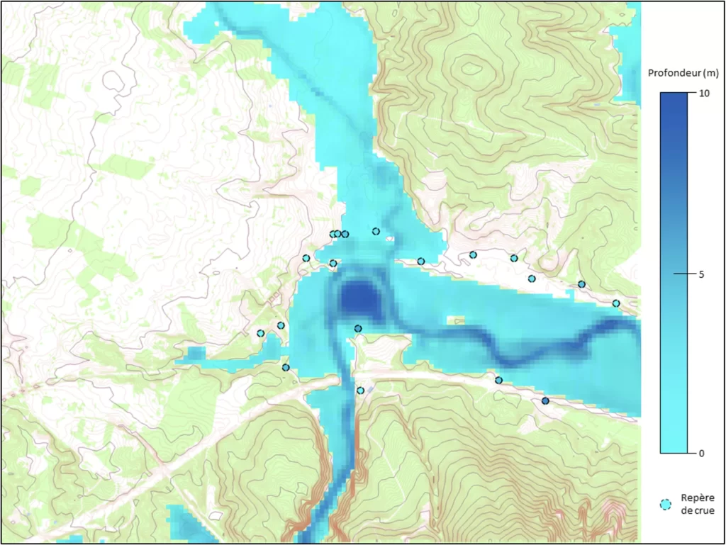Validation de la cartographie simulée de la zone inondée par comparaison aux repères de crue observés